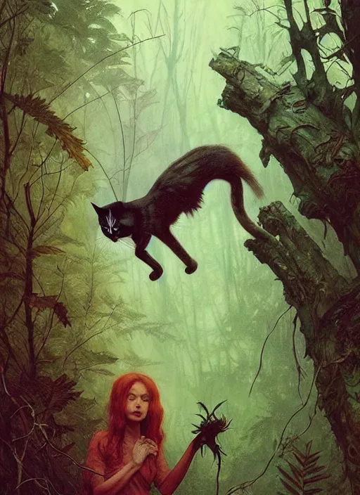 Prompt: a hyper realistic cat witch bird creature in the woods gorgeous lighting, lush forest foliage painting by chiara bautista and beksinski and norman rockwell and greg rutkowski weta studio, and lucasfilm