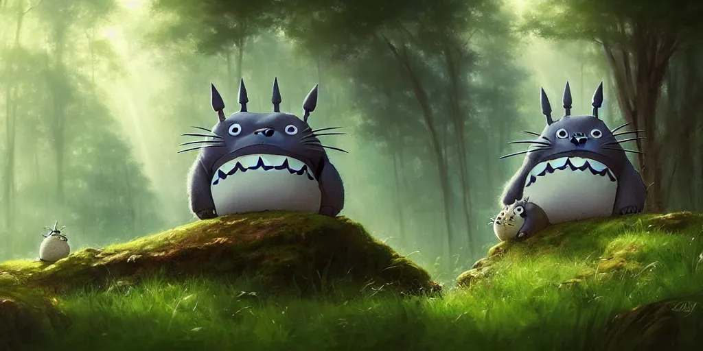 Image similar to Totoro sitting in a forest, fantasy, pixar,, high detail, god rays, painting by greg rutkowski, deviantart, trending on artstation, artstationHD, artstationHQ