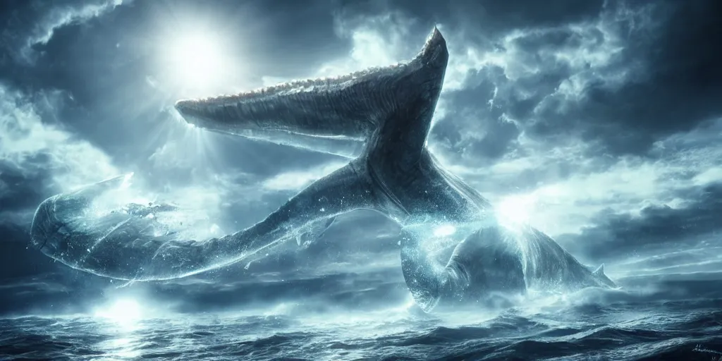 Image similar to giant mythical leviathan flying across the ocean, trending on artstation, digital art, fog, sun flare, rain