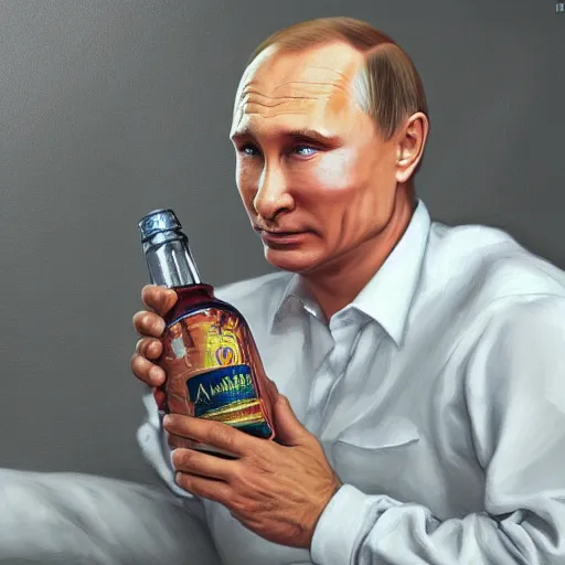 Image similar to putin holding a bottle of arak ayalim, cinematic, beautiful digital painting, hyper detailed