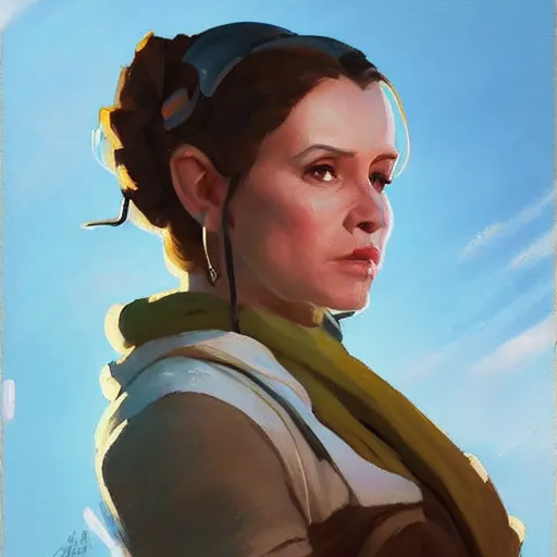 Image similar to greg manchess portrait painting of leia organa as overwatch character, medium shot, asymmetrical, profile picture, organic painting, sunny day, matte painting, bold shapes, hard edges, street art, trending on artstation, by huang guangjian and gil elvgren and sachin teng