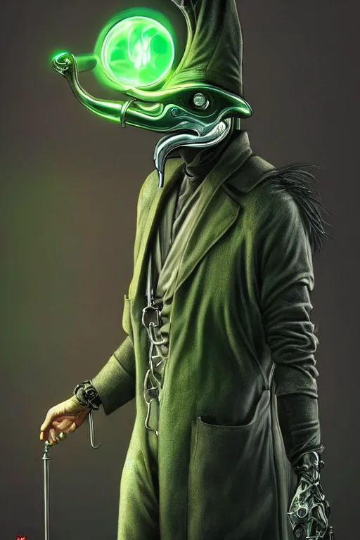 Image similar to wow! 3 / 4 stunning photorealistic portrait of a plague doctor with a green aura in a kowloon cyberpunk cityscape, biomechanical bodysuit, acid rain, dark fantasy by artgerm and sorayama and alphonse mucha, very realistic, hyperdetailed, trending on artstation, octane render