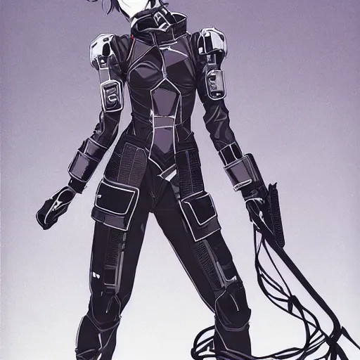 Image similar to girl wearing full suit of retro techwear armor, intricate armor design, shigenori soejima illustration, heavy lineart, oil on canvas