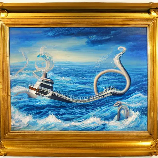 Image similar to A giant squid destroying a cruise ship in the middle of the ocean, oil painting