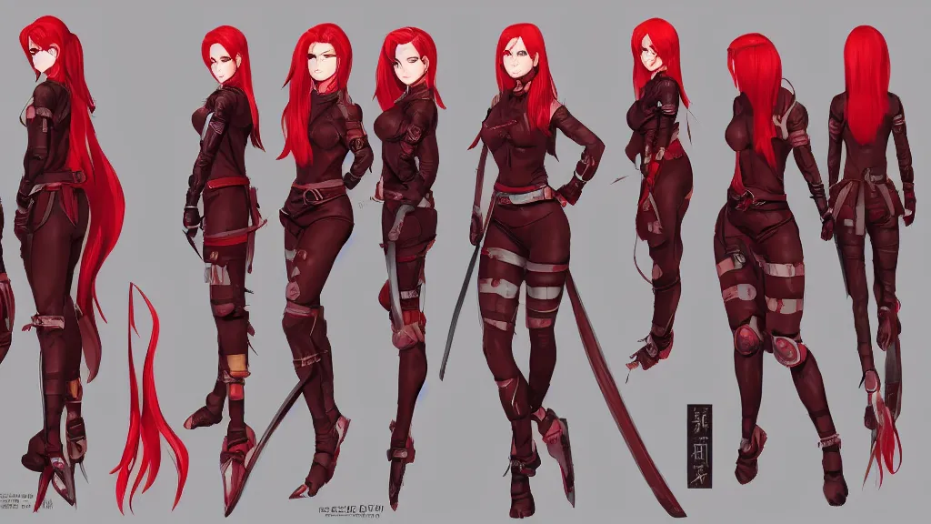 Image similar to a fantasy female red haired kunoichi character design sheet, trending on artstation