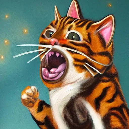 Prompt: highly realistic painting of a proud cat singing opera on a stage