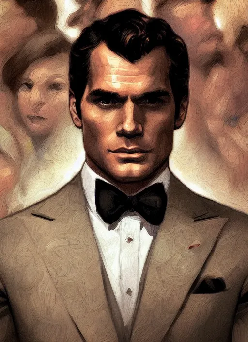 Image similar to portrait of henry cavill as james bond, casino, poker cards, highly detailed, digital painting, artstation, concept art, cinematic lighting, sharp focus, illustration, by gaston bussiere alphonse mucha