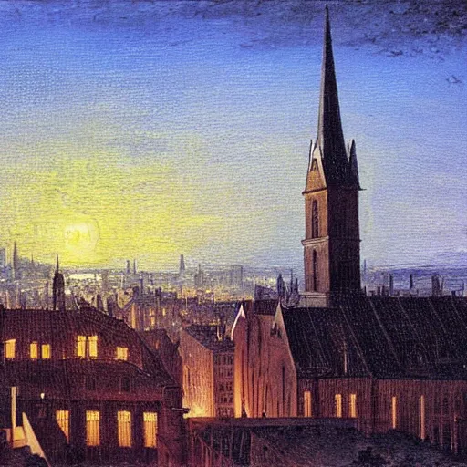 Image similar to city, church, night, dramatic light, oil painting, by caspar david friedrich