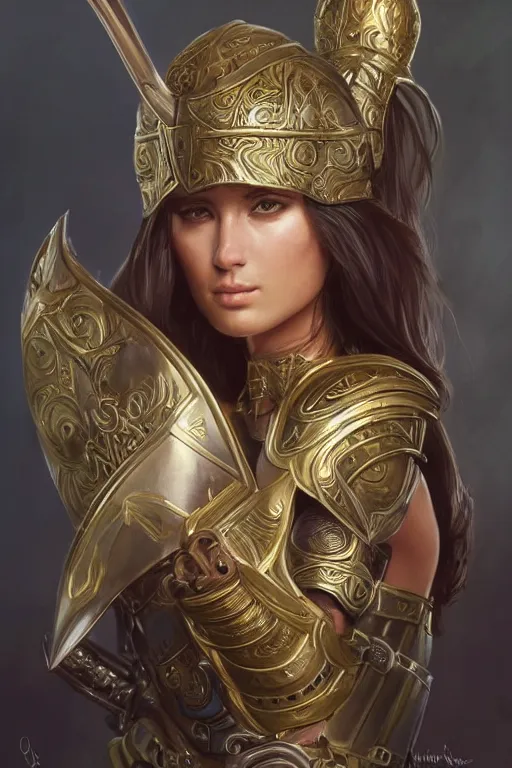 Image similar to attractive young female warrior, ornate metallic helmet, battle armor, olive skin, long dark hair, beautiful bone structure, symmetrical facial features, goddess-like, intricate, elegant, highly detailed, digital painting, artstation, concept art, smooth, sharp focus, illustration, art by artgerm and greg rutkowski and alphonse mucha