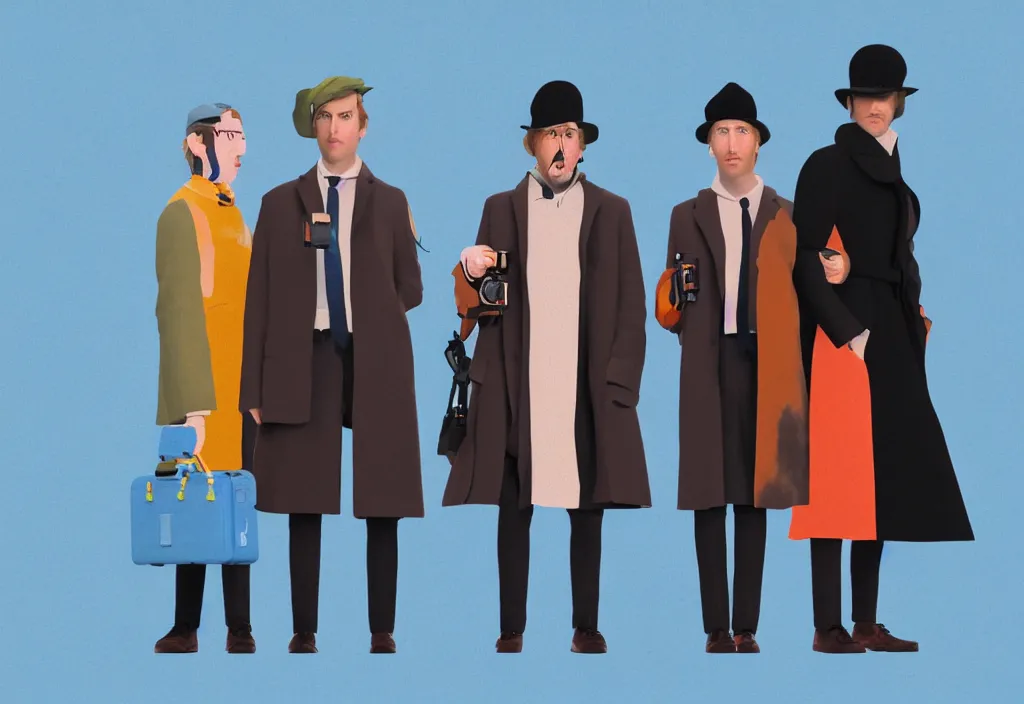 Image similar to full body portrait of a trio of young european tourists long coat travel apparel, with nikon cameras, various poses shooting photos, character designs painting, in the style of wes anderson, rene magritte, lola dupre, david hockney, isolated on white background, dark monochrome neon spraypaint accents volumetric octane render