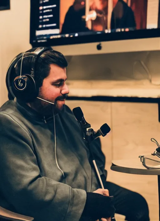 Prompt: photograph of saint aquinas recording a podcast wearing headphones 8k UHD detailed 85mm CANON EOS