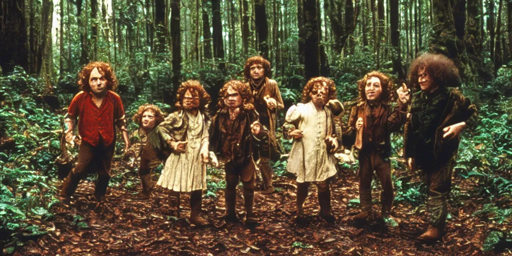 Prompt: A full color still from a Stanley Kubrick film featuring four hobbits in a forest, 35mm, 1975