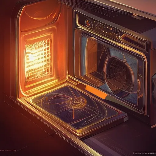 Image similar to a microwave with a tv screen covered in static, intricate, highly detailed, digital painting, artstation, concept art, smooth, sharp focus, illustration, unreal engine 5, 8 k, art by artgerm and greg rutkowski and alphonse mucha