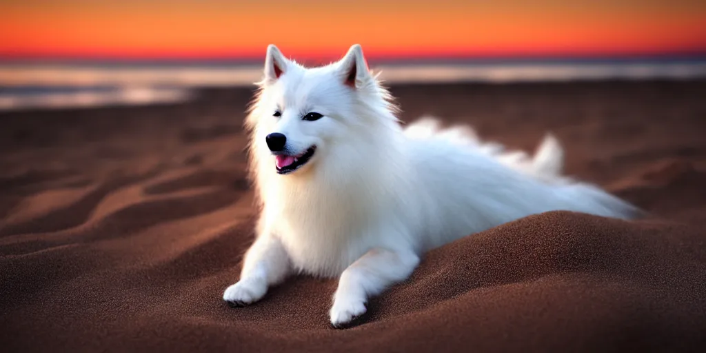 Prompt: a closeup photorealistic photograph of a cyborg japanese spitz on the beach at sunset. this 4 k hd image is trending on artstation, featured on behance, well - rendered, extra crisp, features intricate detail and the style of unreal engine. golden hour