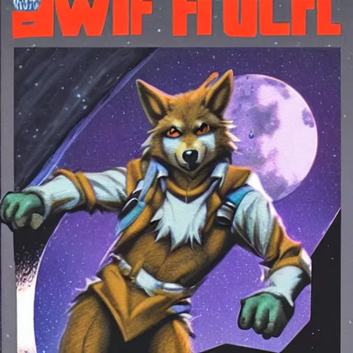 Image similar to 1 9 8 0 s video game art of anthropomorphic wolf o'donnell from starfox fursona furry wolf in a dark space mercenary uniform, looking heroic, magazine scan, 8 0 s game box art, dark grey wolf o'donnell