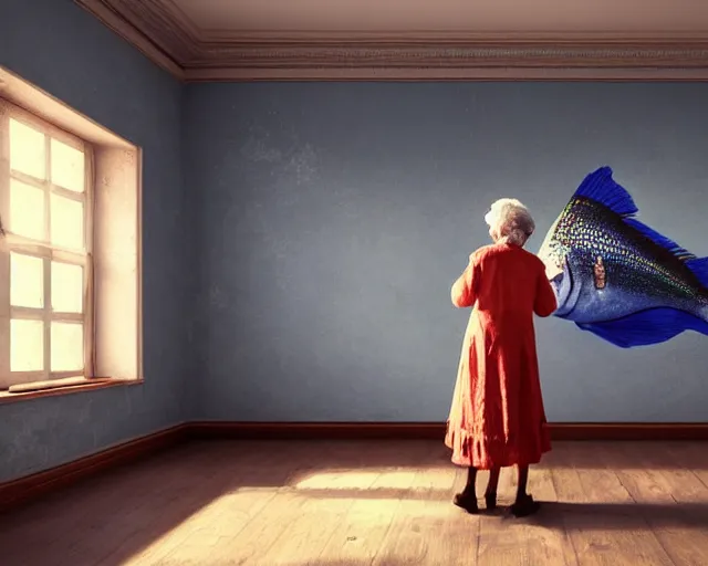 Image similar to an innocent and beautiful scene in hyper realistic style, about an old and lonely woman painting a huge colorful fish on the wall, lighting from the barred window. shadows. victorian dress. 4 k. wide angle. wild. red mouth, blue eyes. deep focus, lovely scene. ambient occlusion render. unreal engine.