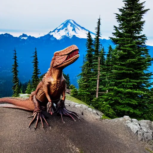 Prompt: T-Rex standing on the summit of Mt. Rainier