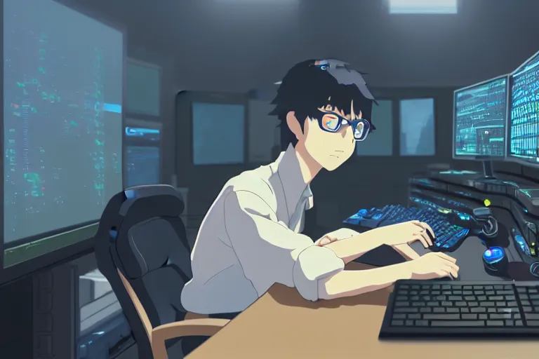 Image similar to a nerdy boy is programming at a computer in a room full of gadgets, by makoto shinkai and ghibli studio, highly detailed, incredible quality, trending on artstation