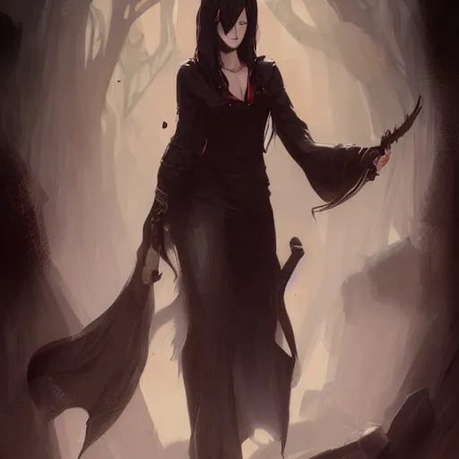 Image similar to female human vampire witch in the style of greg rutkowski, makoto shinkai, trending on artstation, character design, concept art, pretty face, highly detailed, long black hair, portrait, digital art