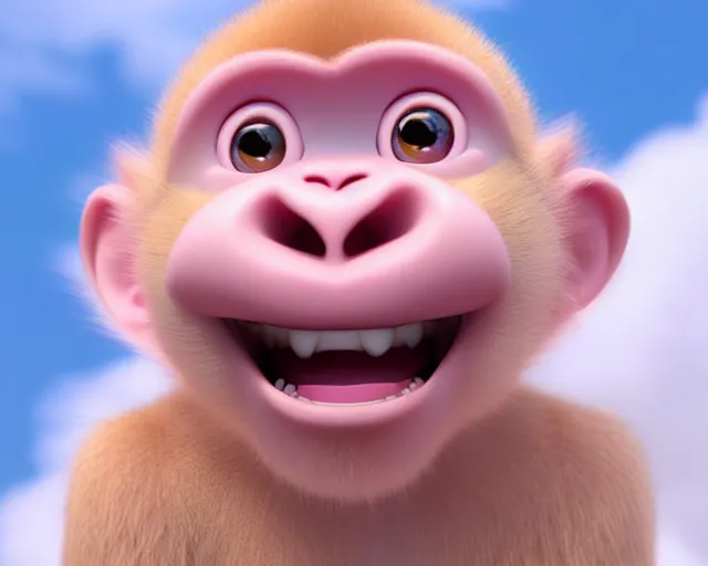 Image similar to 3D Pixar movie animation render of the cutest little pink fluffy monkey capuchin with angel wings with a big lovely grin smile sweet adorable cherub, octane render, pastel colors, soft clouds and soft gradient background