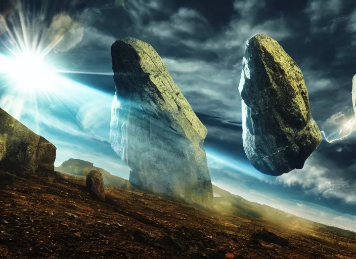 Image similar to giant interdimensional rock creatures fall from the sky, a vast landscape, awe inspiring, wide angle, cinematographic photo, subtle lens flare