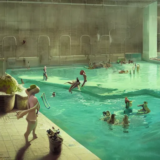 Prompt: people looking scared at a pool full of green mud , artwork by Sergey Kolesov, detailed, dynamic, cinematic composition