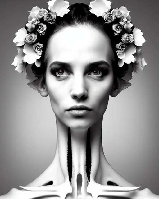 Image similar to a black and white 3D render of a beautiful portrait of a young female angelic-dragon-cyborg face with a very long neck, big clear eyes, thin nose, big lips, hair floating in the wind, 150 mm, flowers, Mandelbrot fractal, anatomical, flesh, facial muscles, veins, arteries, full frame, microscopic, elegant, highly detailed, flesh ornate, elegant, high fashion, rim light, ray trace, octane render in the style of H.R. Giger and Man Ray, Realistic, Refined, Digital Art, Highly Detailed, Cinematic Lighting, rim light, black and white, photo-realistic Unreal Engine, 8K