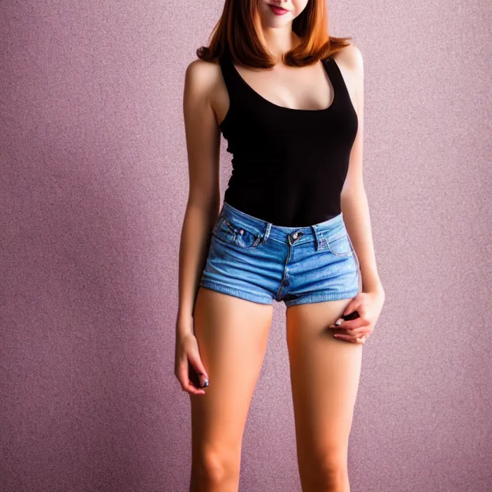 Image similar to full length photo of a real - life cute beautiful skinny young woman in hot pants, highly detailed, 8 k, hdr, smooth, sharp focus, high resolution, award - winning photo