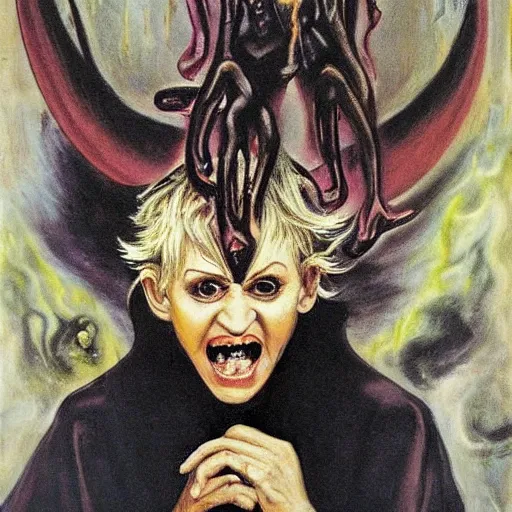 Prompt: ellen degeneres as the devil, pure evil, demonic background, surrounded by flames painted by hr giger, francisco goya, francis bacon, trending on artnet