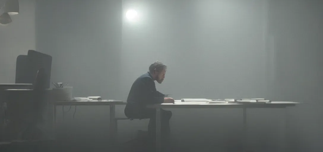 Prompt: an isolated man working at his desk, foggy, cinematic shot, photo still from movie by denis villeneuve, wayne barlowe