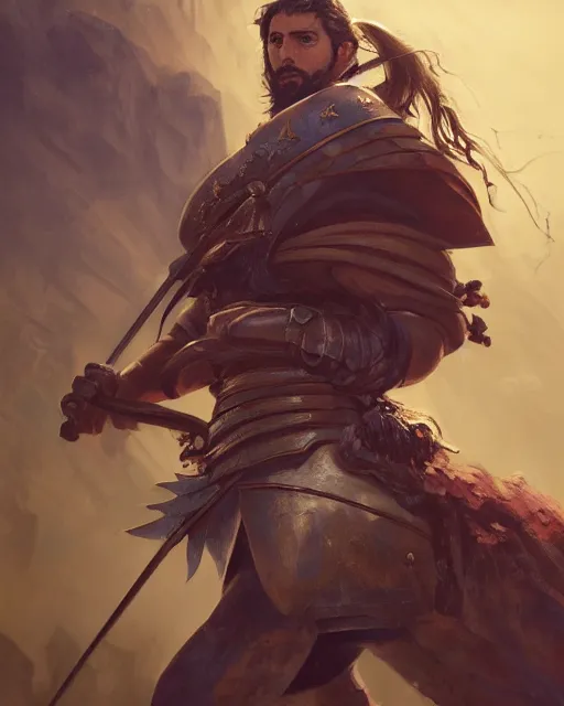 Image similar to ultrarealistic portrait of a spanish conquistador in battle, by daniel zrom and mingchen shen, studio ghibli color scheme, detailed, handsome, anatomy, sharp focus, photography, magic : the gathering, octane, cinematic lighting, facial features, jungle, clear face, golden ratio, tarot card