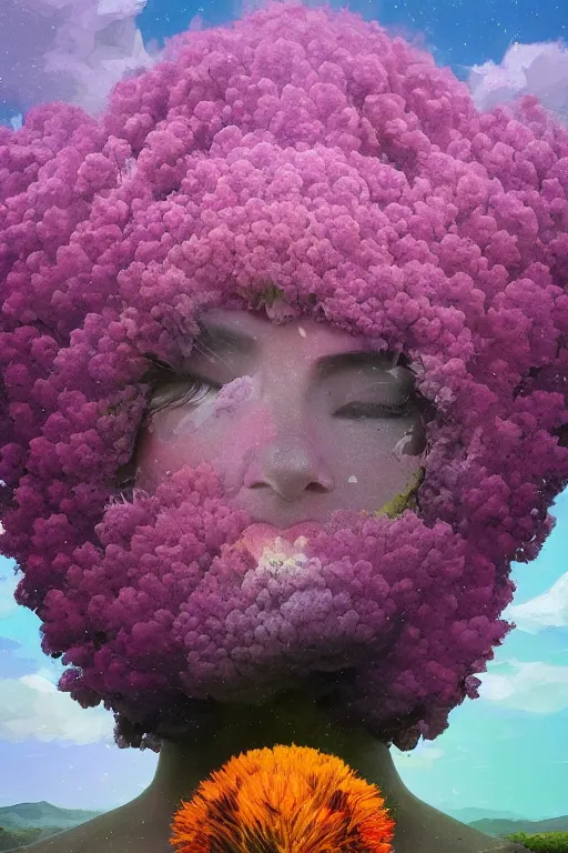 Prompt: closeup, huge flowers as a head mohawk, woman in heather field, surreal photography, starlight, storm clouds, impressionist painting, digital painting, artstation, simon stalenhag
