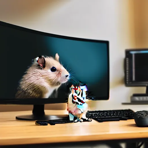 Prompt: hamster sitting on gaming chair in front of monitor.