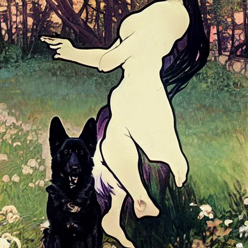 Prompt: an entirely black german shepherd mix dog with pointed ears and a tiny white tail tip jumping in a park by alphonse mucha