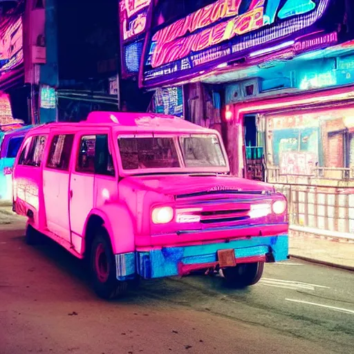 Image similar to a pink cyberpunk philippine jeepney at a neon lit busy road