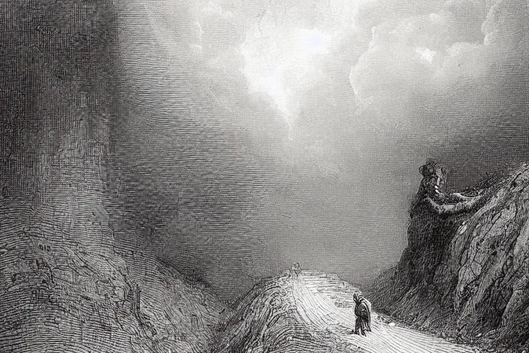 Prompt: watching traffic on a road that does loop - de - loops, a gustave dore painting