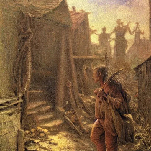 Image similar to jean francois millet as slum neighborhood on lord of the ring, random content position, human face details with, emotion, environment contents detail, incrinate, rgb color