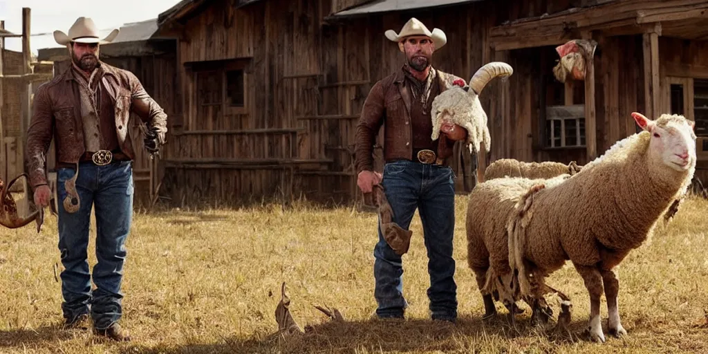 Prompt: Dave Bautista as a cowboy with a sheep-corpse on the prairie