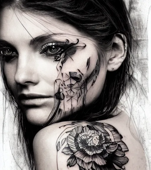 Image similar to tattoo design sketch of an extremely beautiful woman face next to a faded background of beautiful mountains on her side, hyper - realistic, double exposure effect, in the style of den yakovlev, amazing detail, black and white, faded