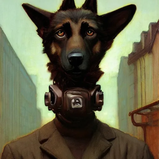 Prompt: new york city portrait of furry anthro anthropomorphic german shepard head animal person fursona wearing clothes cybernetic muzzle sad gloomy in the alley, sunny day, digital art by Nerdrum John, William Waterhouse, Winslow Homer, Alex Heywood, Jordan Grimmer, Darren Quach, Greg Rutkowski, Simon Stalenhag, trending on Artstation, CGSociety