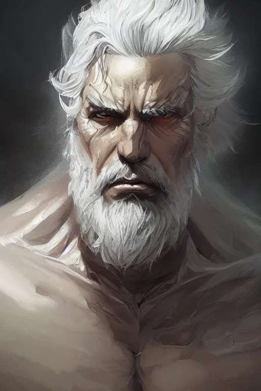 Image similar to painted portrait of rugged sephirot, white hair, masculine, mature, handsome, upper body, muscular, hairy torso, fantasy, intricate, elegant, highly detailed, digital painting, artstation, concept art, smooth, sharp focus, illustration, art by gaston bussiere and craig mullins