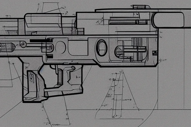 Image similar to blueprint of a laser space gun, technical drawing, concept art, centered with clear border