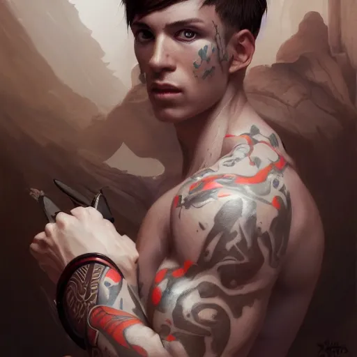 Image similar to A detailed matte oil on canvas painting of a young white male martial artist monk, orchid arm tattoos by greg rutkowski and artgerm, trending on artstationhd, dungeons and dragons art