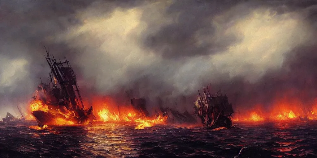 Prompt: Hyper realistic oil painting of a giant medieval ship burning brightly with a purple flame, pillars of dark smoke rising from the ships, fire in the background, stormy weather, dark storm clouds above, highly detailed, fog, moody cinematic lighting, atmospheric, dark, by Greg Rutkowski, trending on artstation