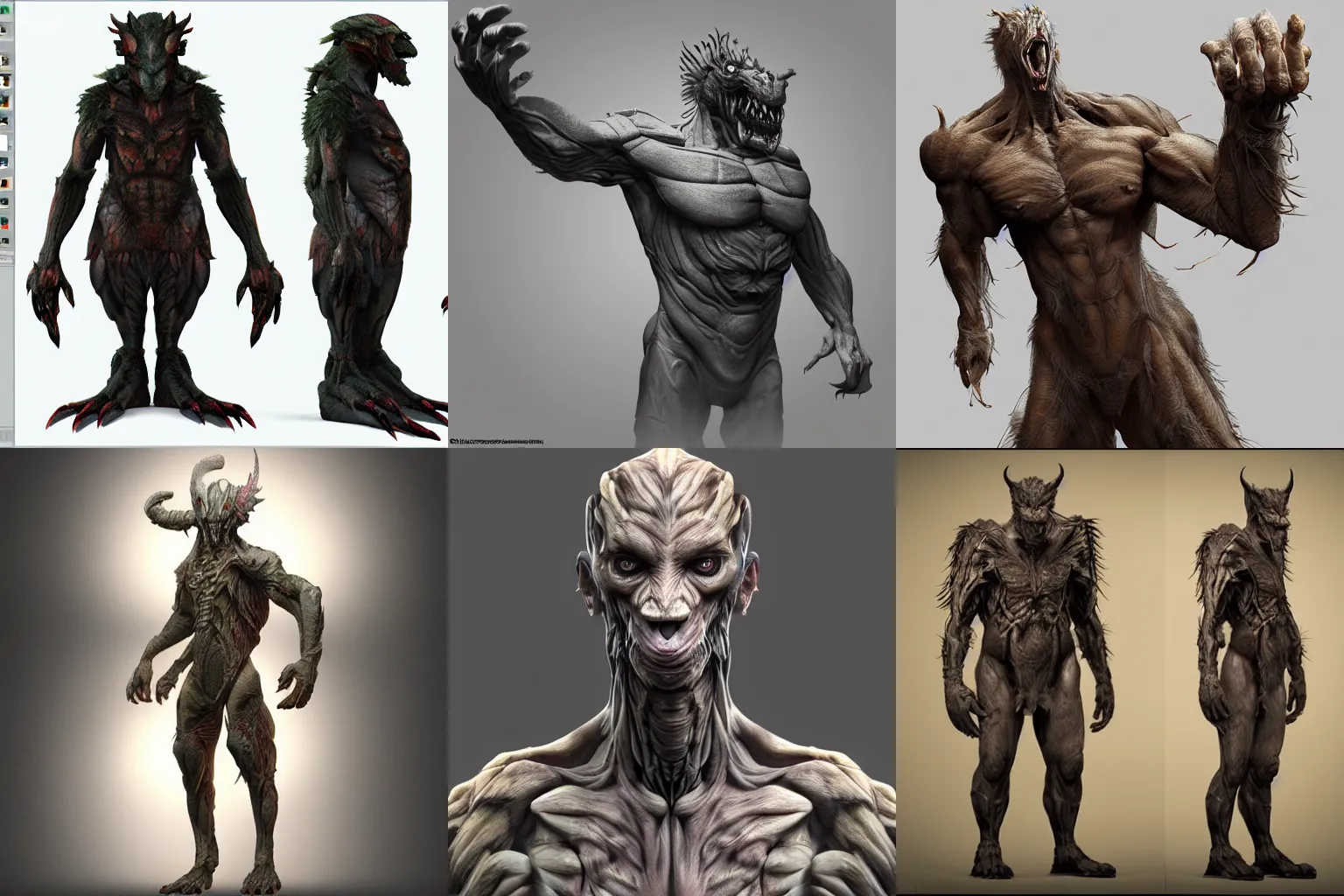 Prompt: a very realistic digital art rendering and concept design of hybrid monster humanoid, with magnificent volumetric lighting, three dimensions, a digitally transformed charcter, ui design, 3d modeling, illustration, and transport design, retopology, character design, creature modeling, texture baking,