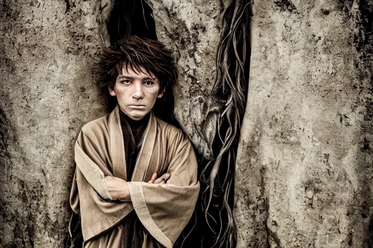 Image similar to character and environment photography, portrait shamanistic infested 1 0 - year - old male druid, messy hair, old tattered robe, medium shot, wide angle, 2 0 0 px, full front, natural light