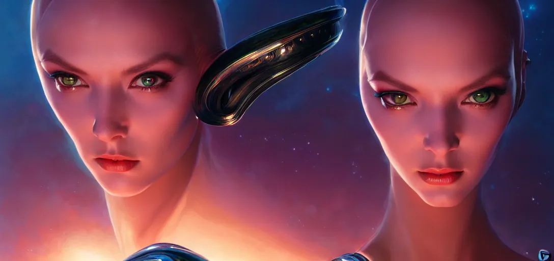 Prompt: face of a beautiful alien girl wearing shiny plastic armor in the style of roger dean and alberto vargas and stefan kostic, realistic, sharp focus, 8 k high definition, insanely detailed, intricate, elegant, art by greg rutkowski and artgerm, extreme blur coral reef background