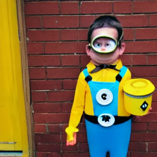 Prompt: a disposable camera photo of a kid dressed up as a minion for halloween