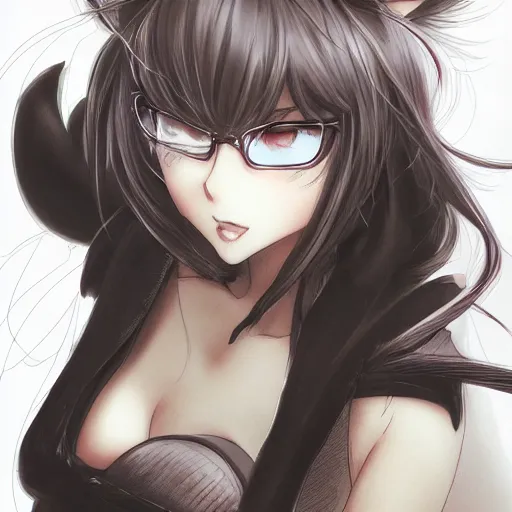 Image similar to A detailed frontal portrait sketch of a catgirl, By shirow masamune, WLOP, Avetetsuya Studios, colored sketch anime manga panel, trending on artstation, pixiv art, smooth, artgem, elegant, highly detailed, pixiv trending, anime inspired, by studio trigger, attractive character