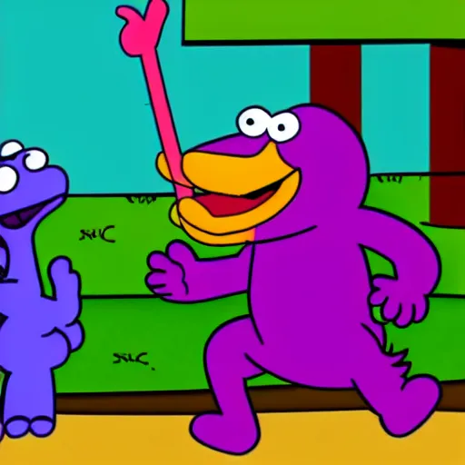 Prompt: cartoon barney beating elmo to death